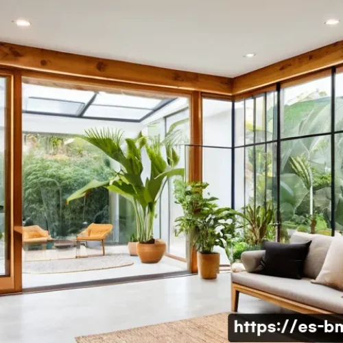 건축자재 마케팅과 에너지 효율성 - A modern eco-friendly home interior showcasing natural fiber insulation in walls and recycled materi...