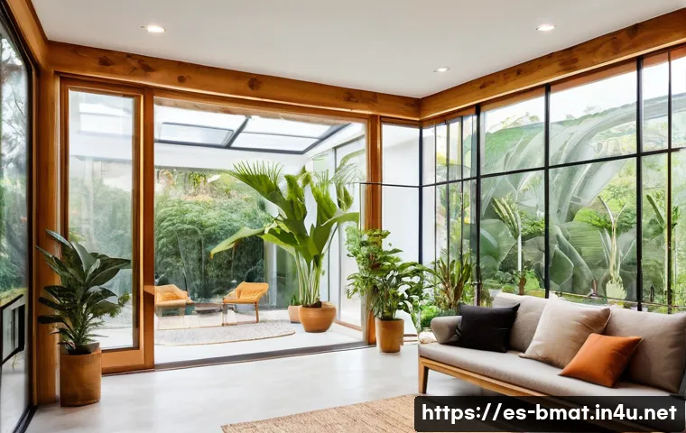 건축자재 마케팅과 에너지 효율성 - A modern eco-friendly home interior showcasing natural fiber insulation in walls and recycled materi...