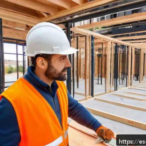 건축자재 관련 소셜미디어 인플루언서 활용 - A modern construction site in Spain featuring a professional influencer wearing smart casual workwea...