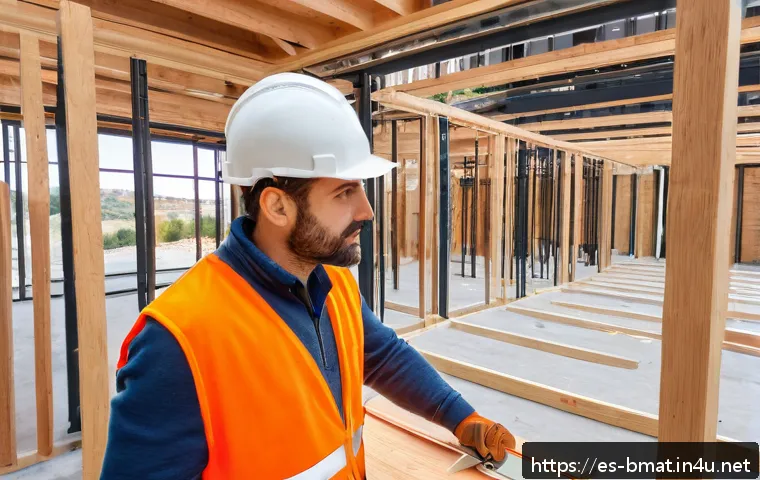 건축자재 관련 소셜미디어 인플루언서 활용 - A modern construction site in Spain featuring a professional influencer wearing smart casual workwea...