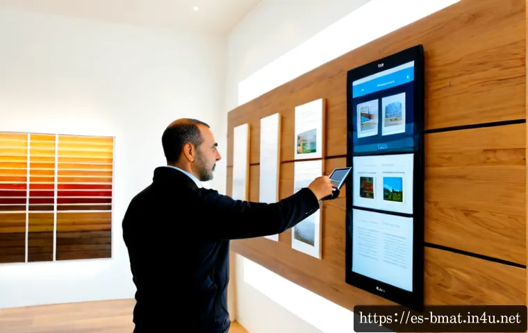 건축자재 마케팅의 최신 동향 - Photorealistic architectural materials showroom in a modern Spanish city, diverse adult customers ex...